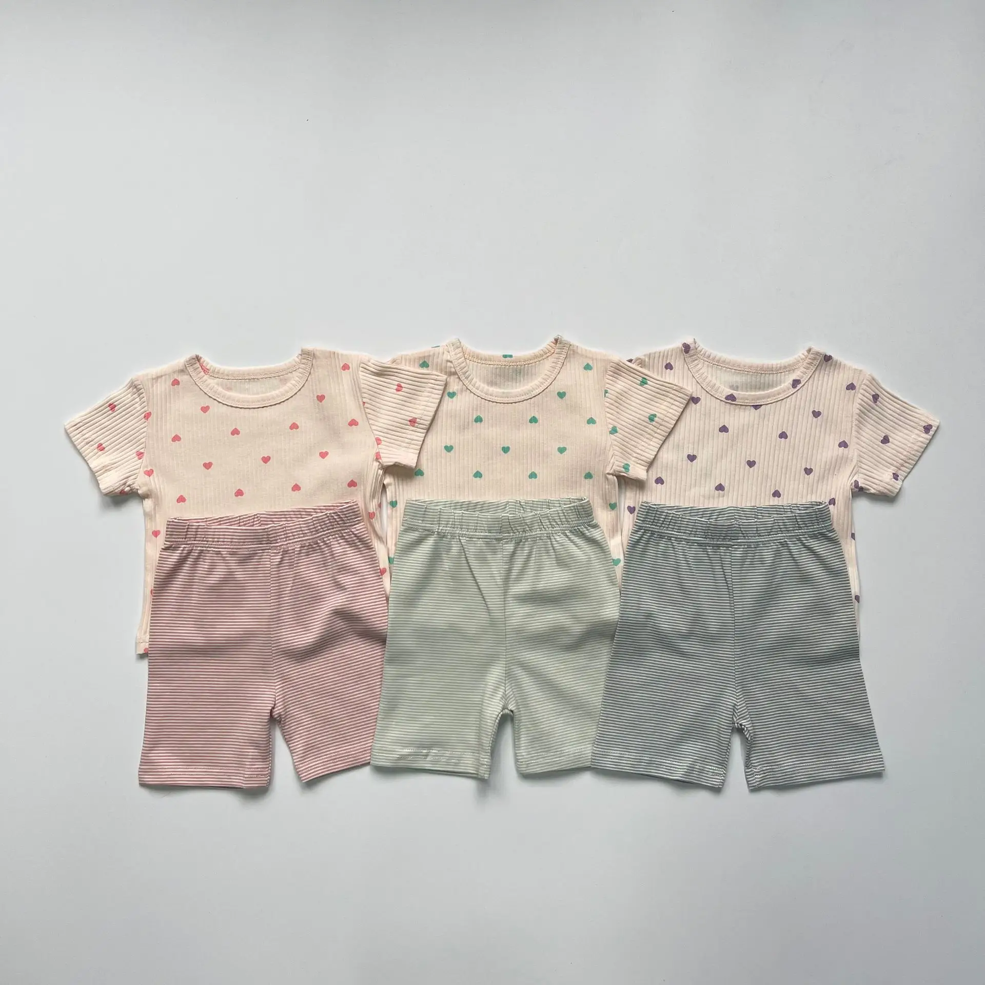 

Summer New Boy Girl Baby Love Print T-shirt Suit Kid Ribbed Cotton Short Sleeve Tops + Solid Pants 2pcs Children Casual Tees Set