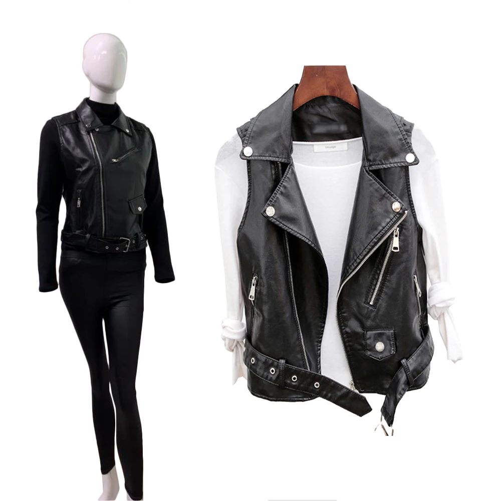 

Short PU leather sleeveless Biker Jacket Cool Tank Top V-Neck Outer Wearing Vest Tops