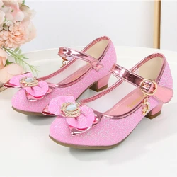 Fairy Kids Leather Shoe Bowtie Elegant Girl Princess Shoes Fashion Sequins Children's Causal Wedding Party High Heel Shoes New