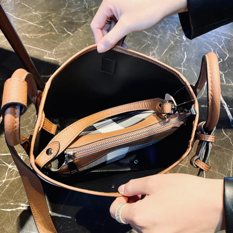 New Fashion Genuine Leather Bucket bag for Women 2023 Ladies Luxury Plaid Shoulder Bag Female Brand Designer Trends Handbags