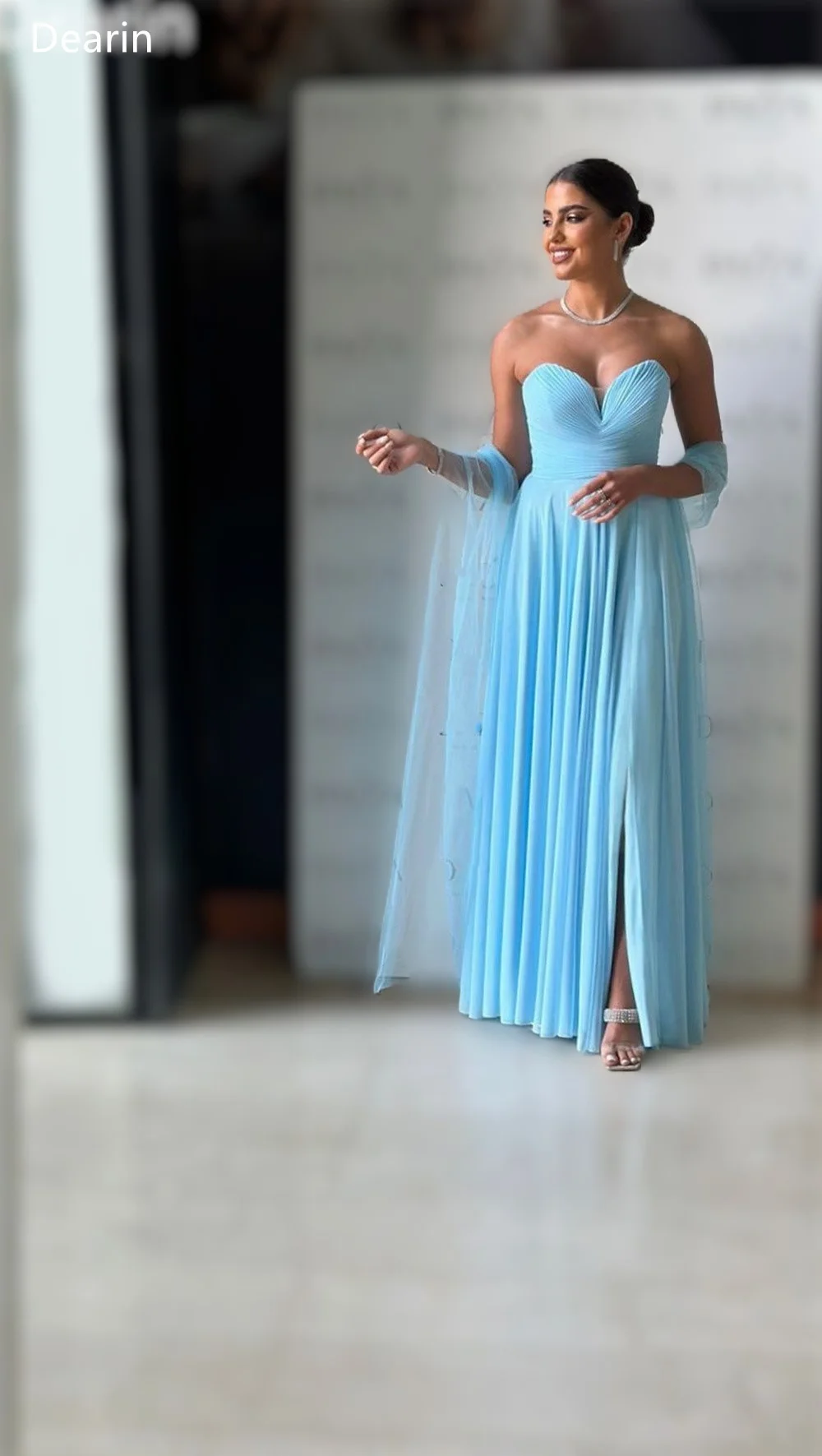 Customized Evening Gown Dearin Sweetheart A-line Floor Length Skirts Layered Draped Tulle Sleeveless Bespoke Occasion Dresses Sa