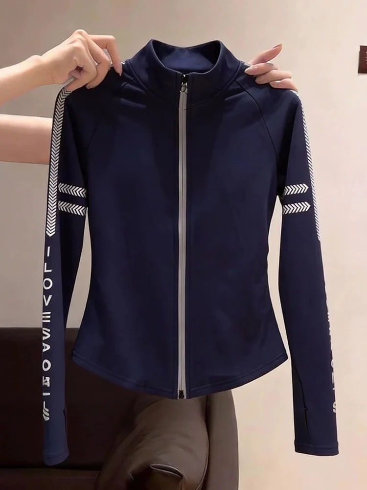 Slim Fit Sportswear Zipper Neck Jacket Women's plus Size Casual Outerwear Blue Color Spring Autumn Fashion Stylish Top