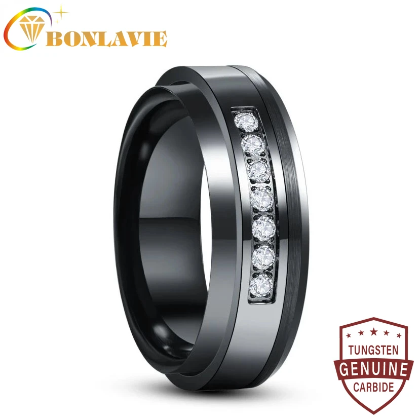 BONLAVIE 8mm Inlaid Zircon Lassa Middle Polished Black Tungsten Carbide Ring Men's Fashion Wedding Jewelry Best Gift