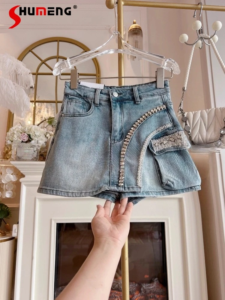 

Women's Summer 2025 High Waist Irregular Denim Shorts Diamond Femininity Skirt Shorts Ladies High Street Denim Nice Short Pants