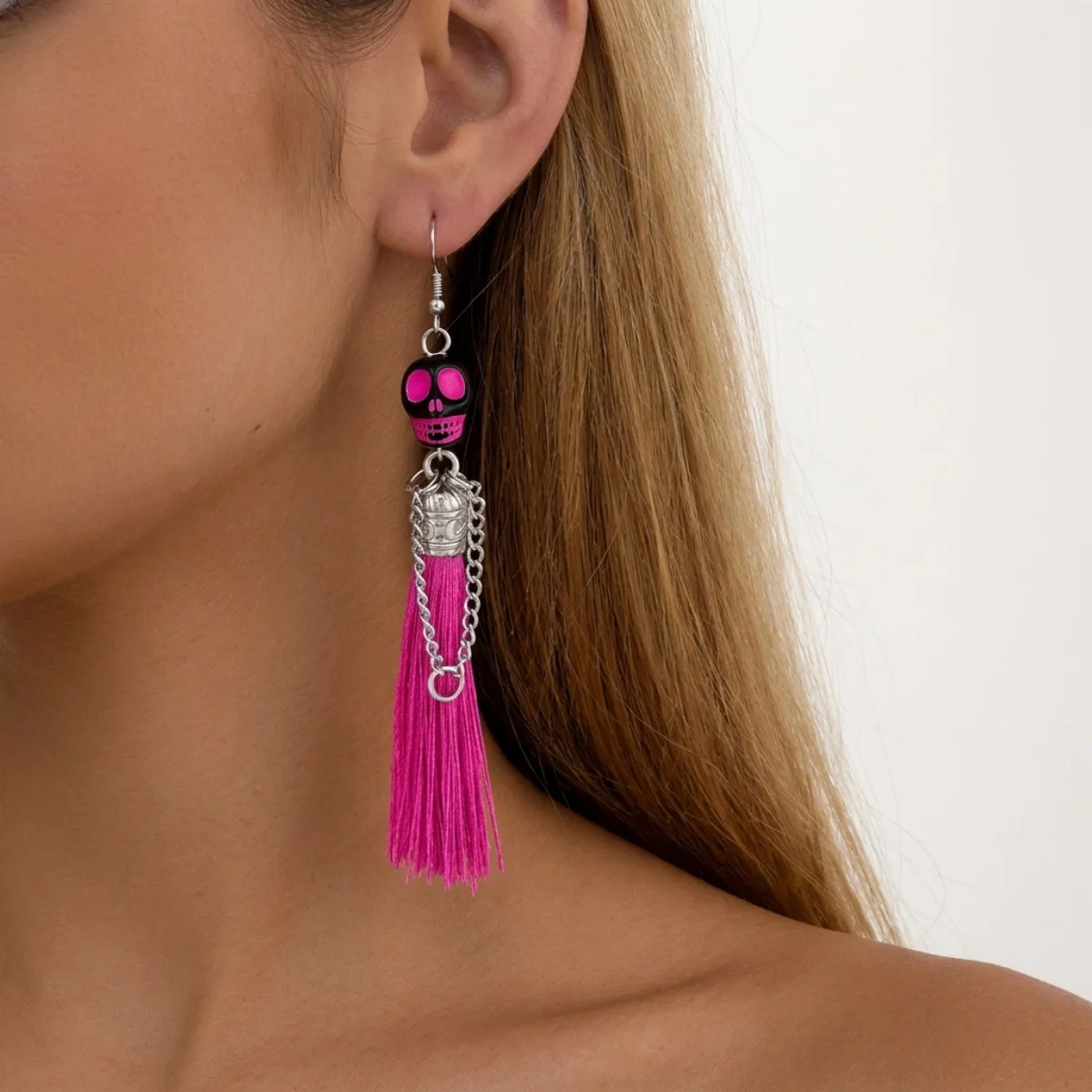 Halloween-Ohrringe mit bunten Quasten und Totenkopf-Anhänger für Damen, Punk-Street-Vintage-Cosplay-Ohrringe mit Skelett-Motiv, Schmuck – Detail 23