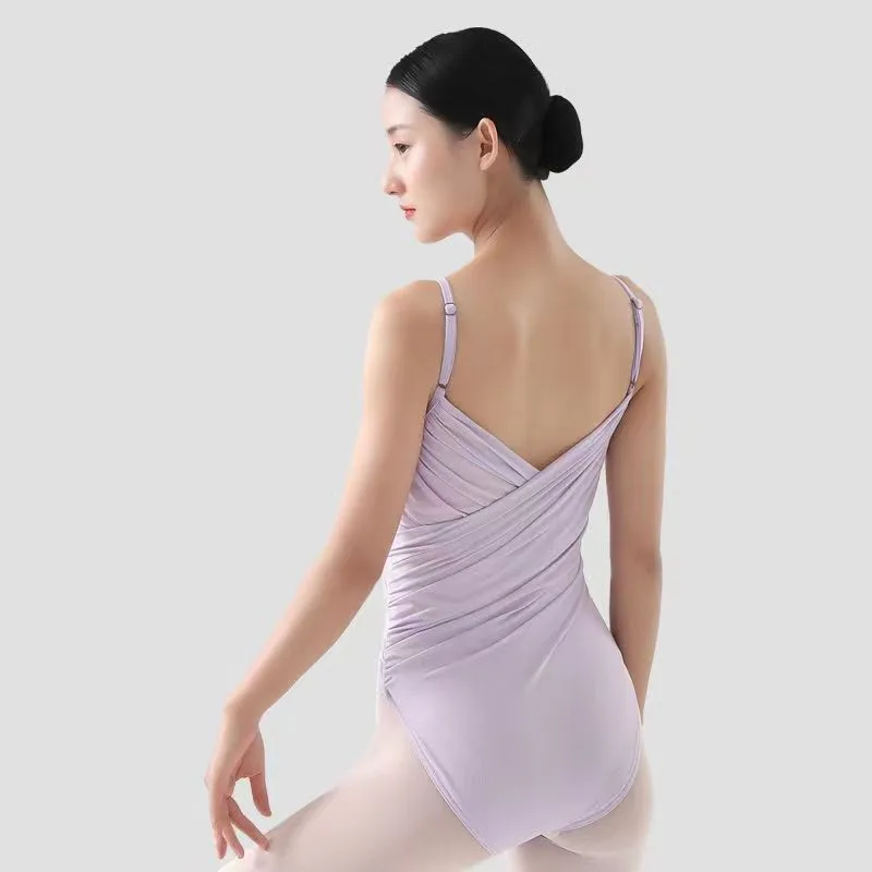 Leotardo de baile elegante para mujer, traje de baño plisado con cuello en V para entrenamiento, gimnasia, patinaje, bailarina, Top