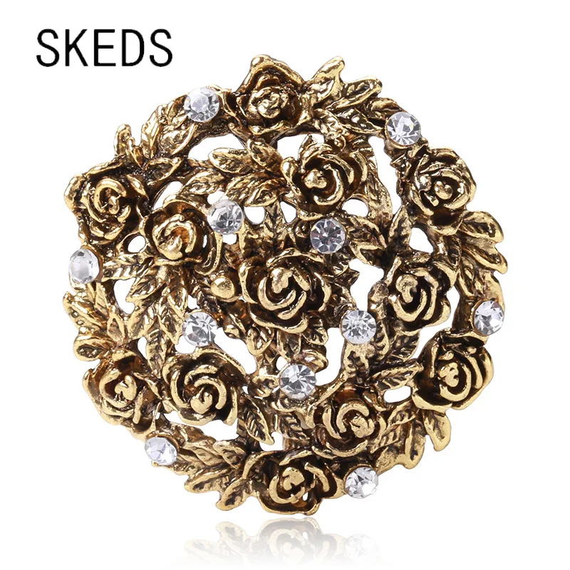 SKEDS Vintage Rose Crystal Brooch For Women Elegant Clothing Suit Metal Jewelry Badges Retro Bouquet Corsage Lady Luxury Pin