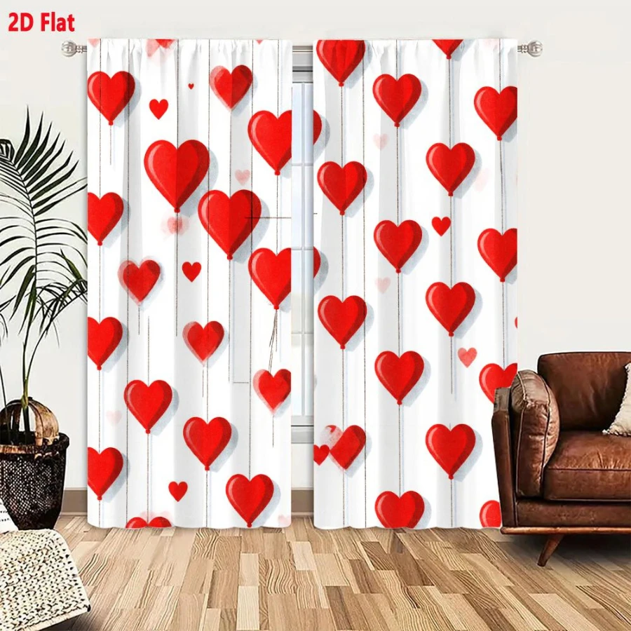 2PCS Digital Print Curtains, Red Heart Balloons Pattern, Romantic Love Celebration Decor Sweet Floating Hearts Valentine Drapes