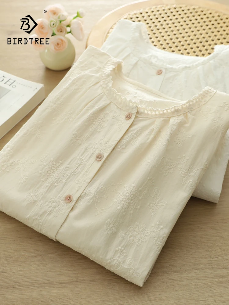 

New 2026 Spring Women Cotton Long Sleeve Shirt, Stand Embroidery, Mori Girl OL Japan Style Age Reduction Loose Blouse T63825CC