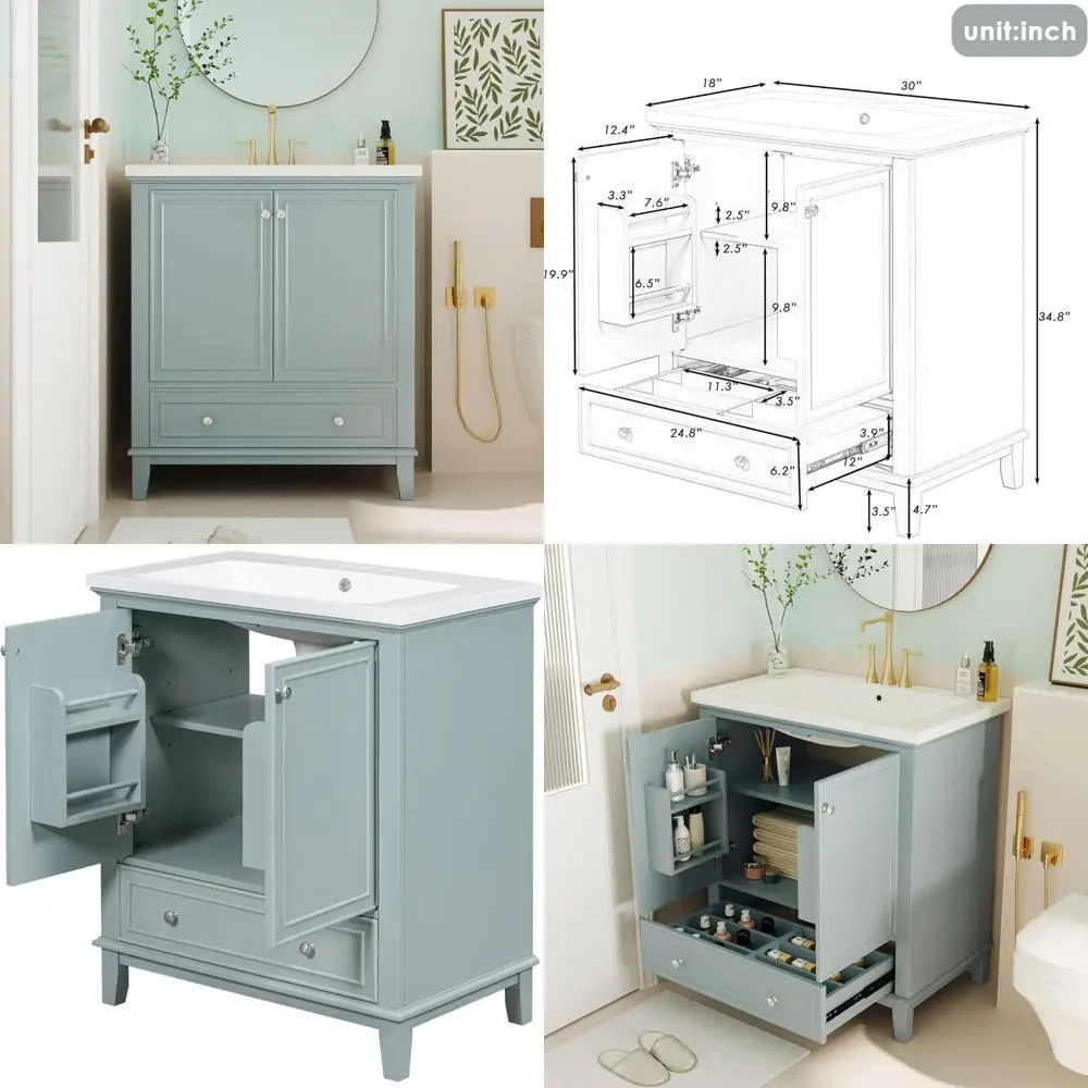 

Регулируемый туалетный столик для ванной комнаты 30 с керамической раковиной, многофункциональным органайзером для ящиков и системой хранения с двумя дверцами