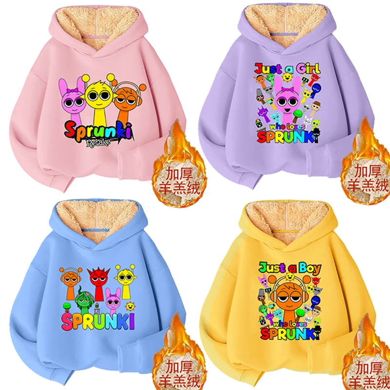 

Зимние утепленные толстовки Sprunki для девочек и мальчиков, флисовая толстовка с капюшоном из ягненка, детская спортивная одежда с капюшоном, пуловер с длинными рукавами, спортивный костюм