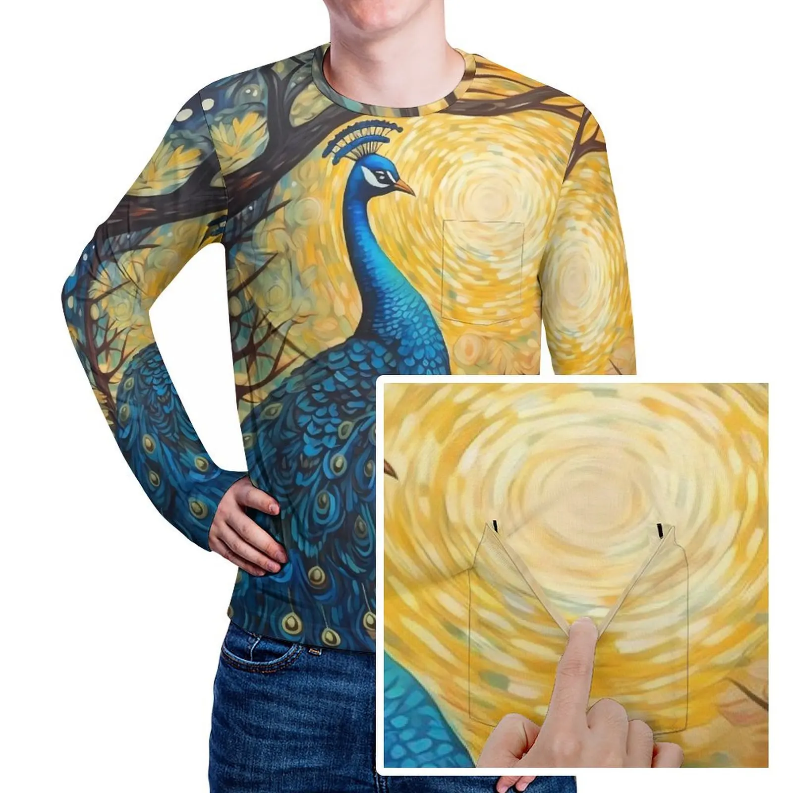 Fantasy Painting About Peacock T Shirt  Men Cool T Shirts Autumn Printed Tees Long Sleeve Aesthetic Oversized Gift Idea