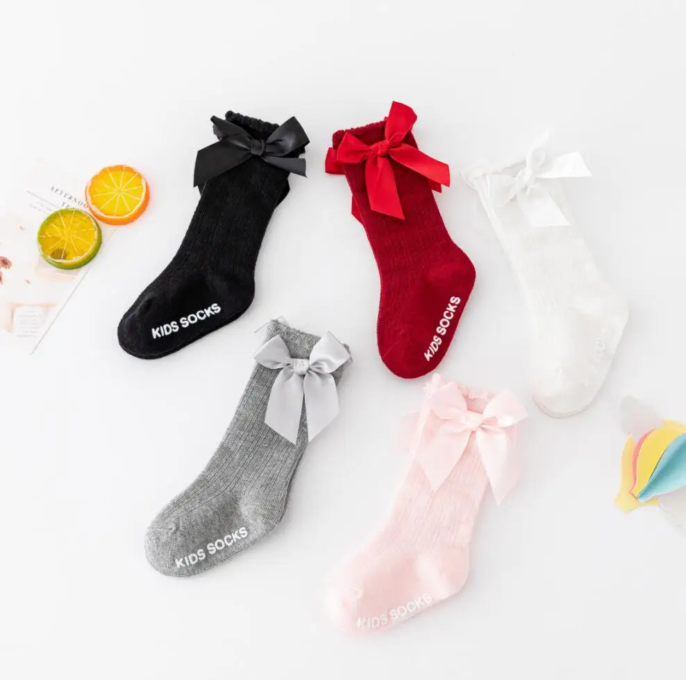 New Solid Color Striped Long Tube Socks for Boys and Girls Pure Cotton Anti Slip Bubble Mouth Baby Bow Middle Tube Socks