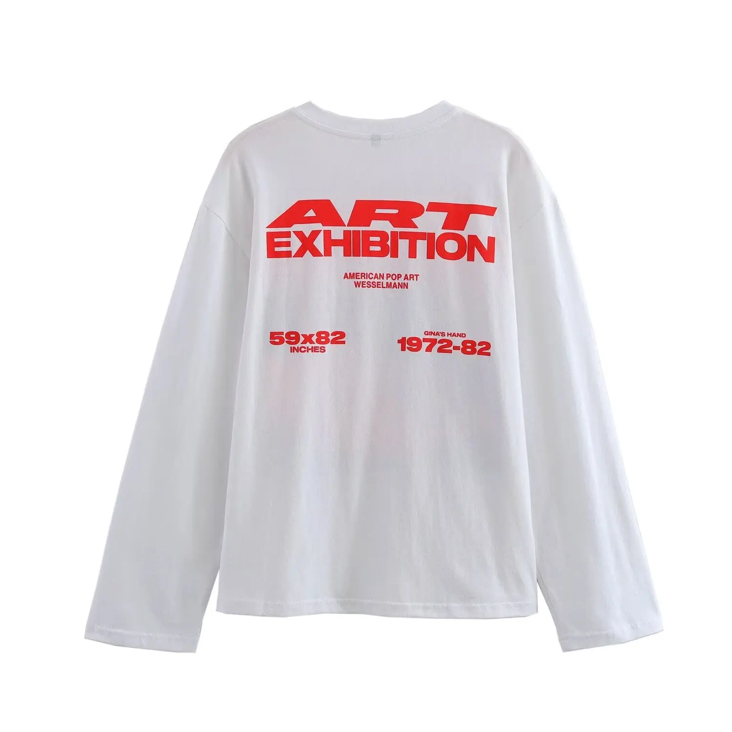 Withered 2025 Spring Long Sleeve Round Neck Printed T-shirt Pure Cotton White Art Exhibition Letter T-shirt Women Top