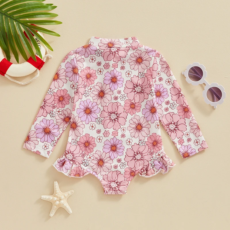 Toddler Girls Rash Guard Swimsuit Rompers Long Sleeve Flower Shell Flamingo Print Kids Ruffles Bathing Suit Swimwear