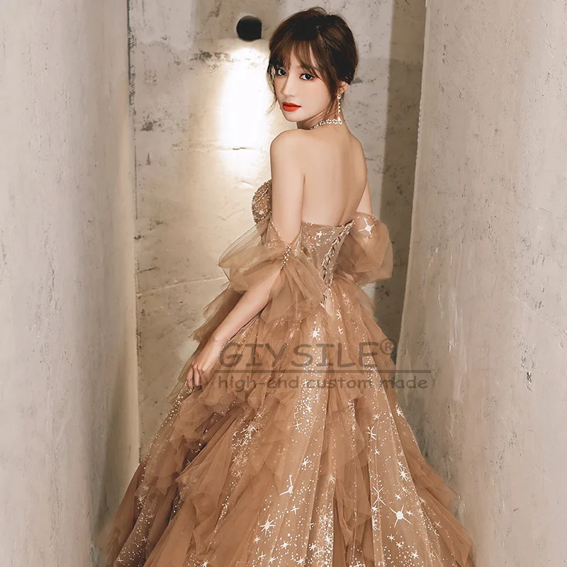 GIYSILE مخصص موضة ضمادة الشمبانيا صديرية دائرية فستان سهرة 2025 جديد الشاش مطرزة فقاعة كم ألف خط فساتين الحفلات