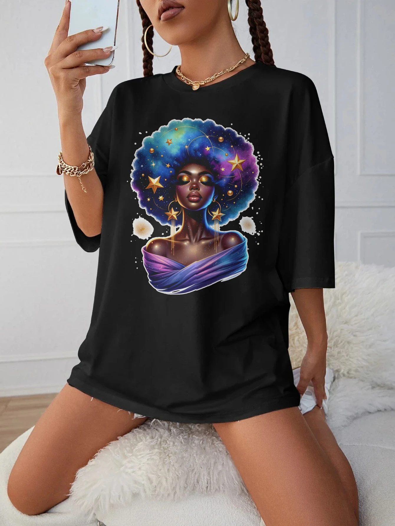 

Galactic-Afro-Star-Queen Comfortable Black T-Shirt for Women Loose Fit Round Neck Maternity Wear for Late Pregnancy