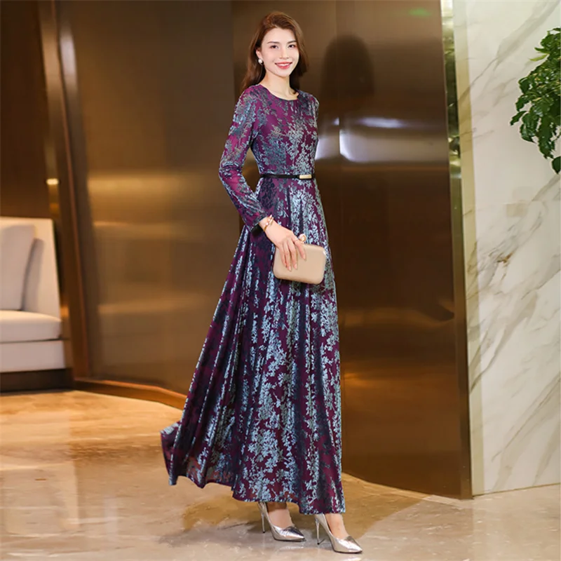 Autumn Golden Velvet Dress Women New Fashionable, Light Luxury, High-end Temperament, Big display, Slim Long Dress A-line Skirt