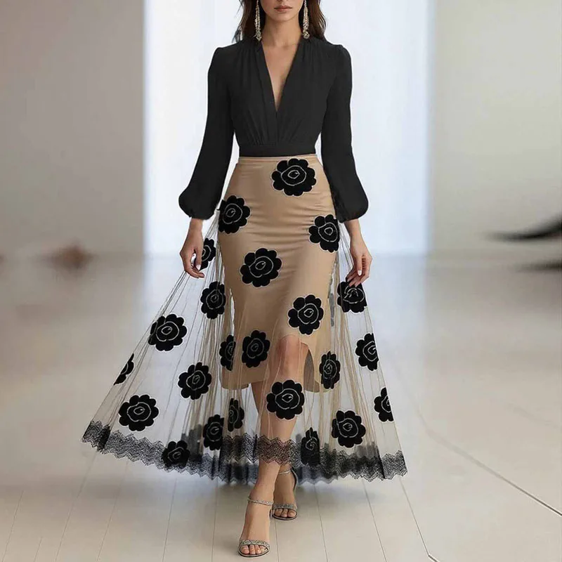 New Floral Print Lace Patchwork Mesh Long Dress Sexy Deep V Neck Elegant Party Dresses Woman Autumn Long Sleeve Vacation Dress