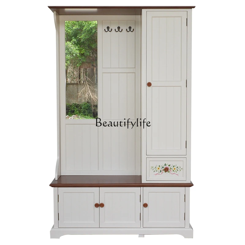 

American Style Entrance Cabinet Coat and Hat Storage Rack Rustic Antique Furniture Shoe Changing Stool