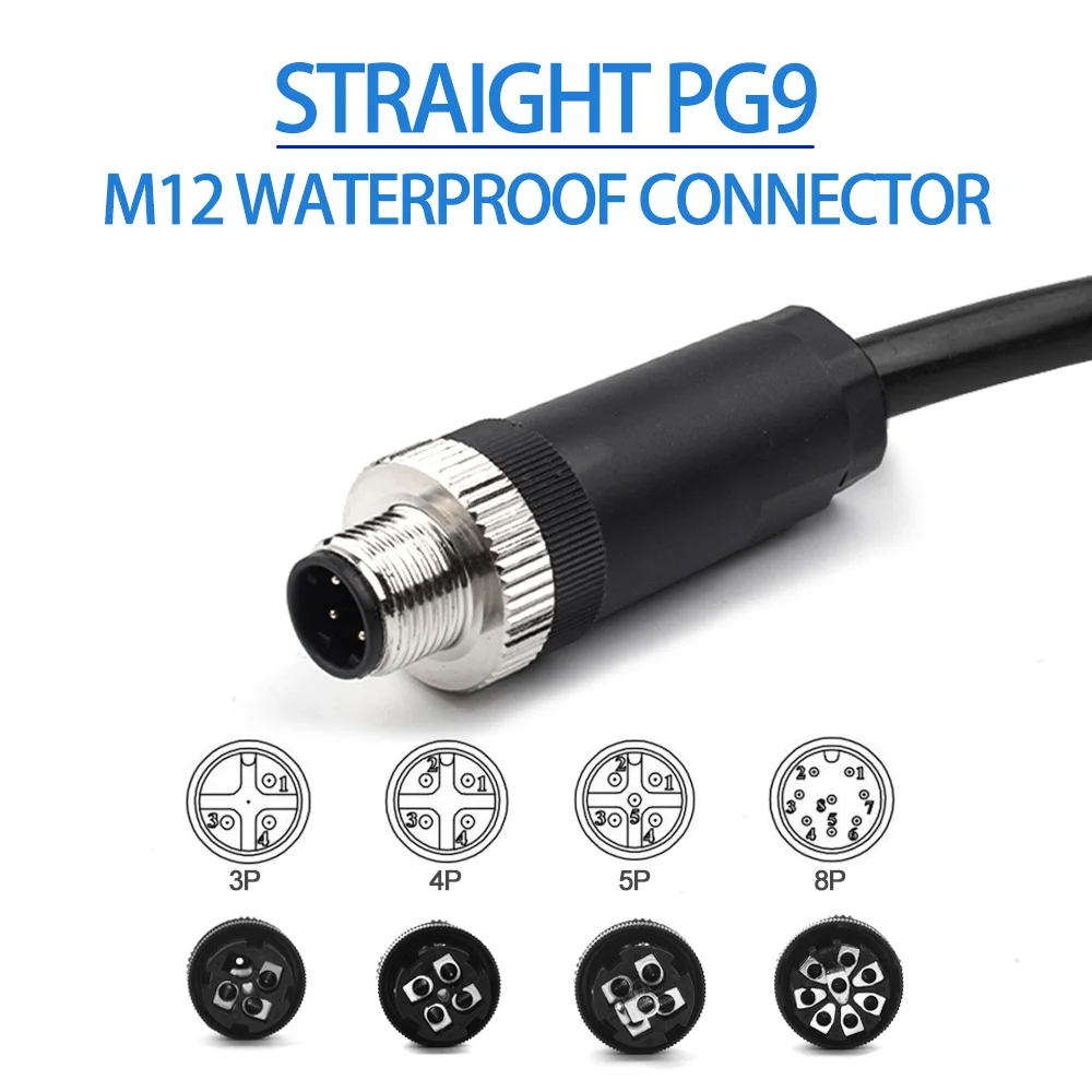 

M12-PG9 Waterproof Sensor Aviation Connector Straight Type Male & Female Plug Socket Hole Screw Threaded Coupling 3/4/5/8 Pin