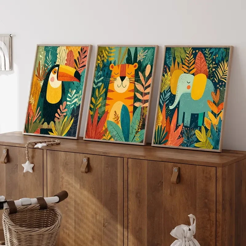 

3pcs/Set Floral Tiger, Elephant, Toucan, Wall Art Canvas Print, Retro Animal Posters, Modern Interior Wall Decoration
