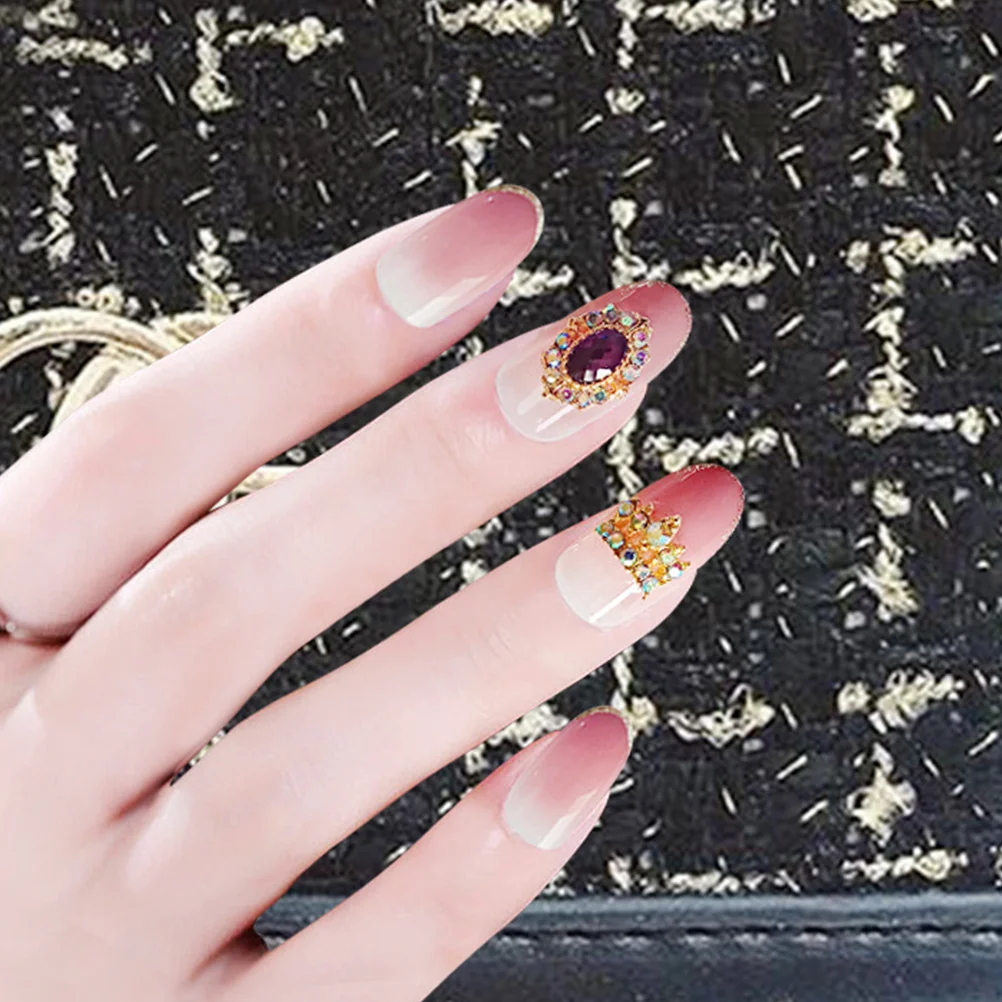 

24 шт., розовые, фиолетовые накладные ногти с драгоценными камнями, полное покрытие, средней длины, экологически чистые, удобные женские накладные ногти, типсы для ногтей