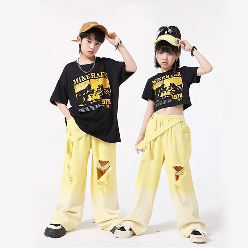 Kid Hip Hop Clothing Black Print Crop T Shirt Top Yellow Denim Strap Ripped Jeans Pants for Girl Boy Jazz Dance Costume Clothes