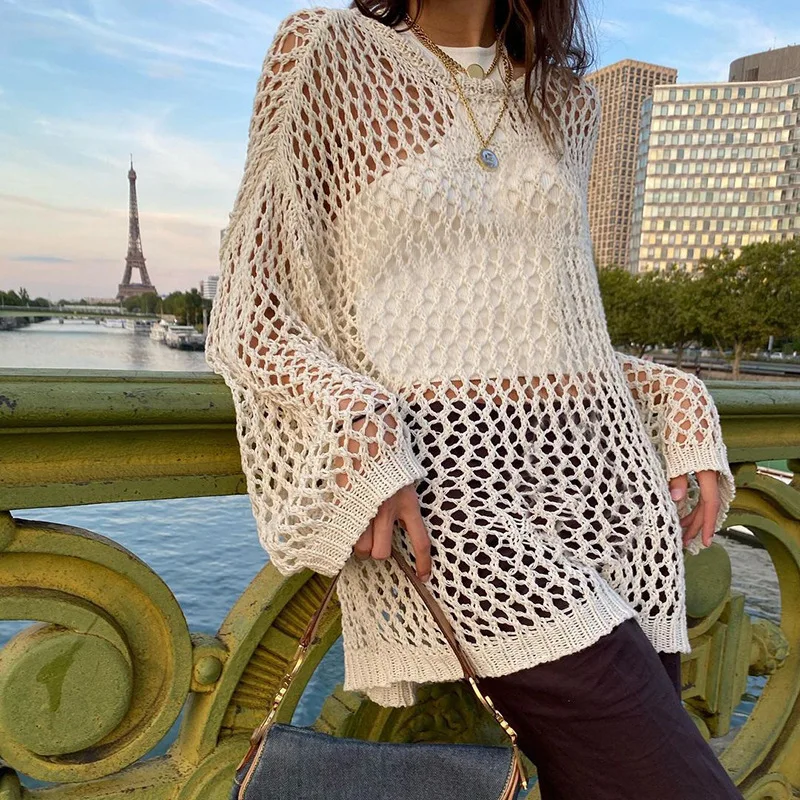 2026 Summer European And American Spice Girls Style Street Hipster Hollow Mesh Wool Crew Neck Loose Blouse Women