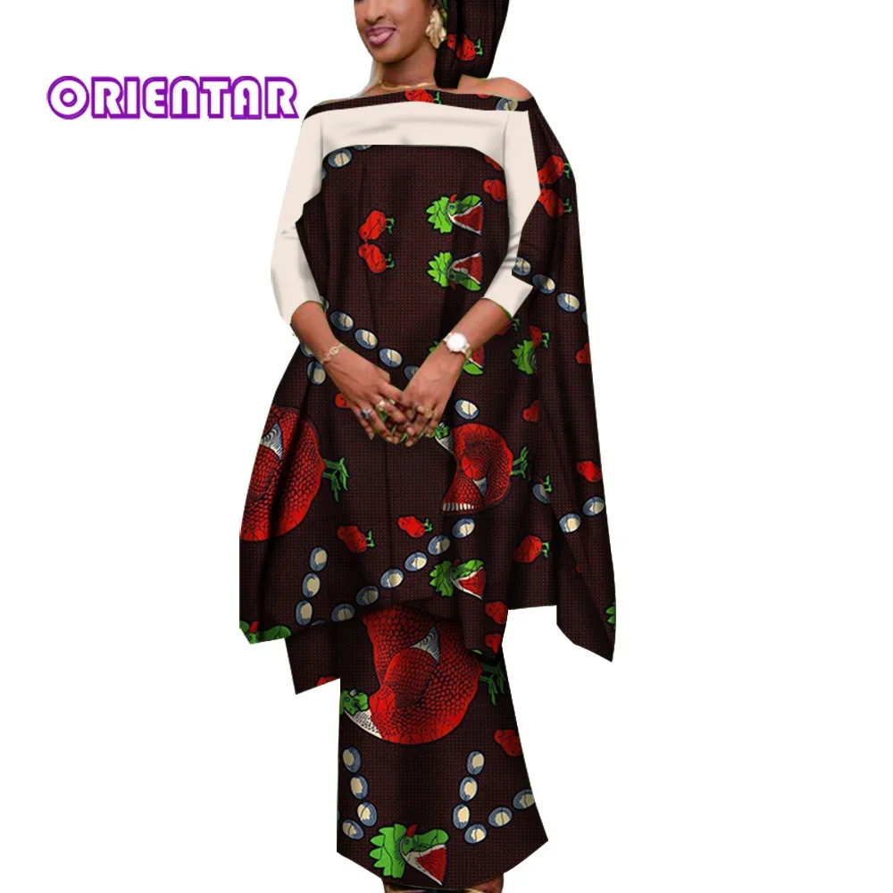 3 Pieces Set African Outfits for Women Casual Blouse and Skirts with Headscarf Lady African Clothes for Women Bazin Riche WY7946