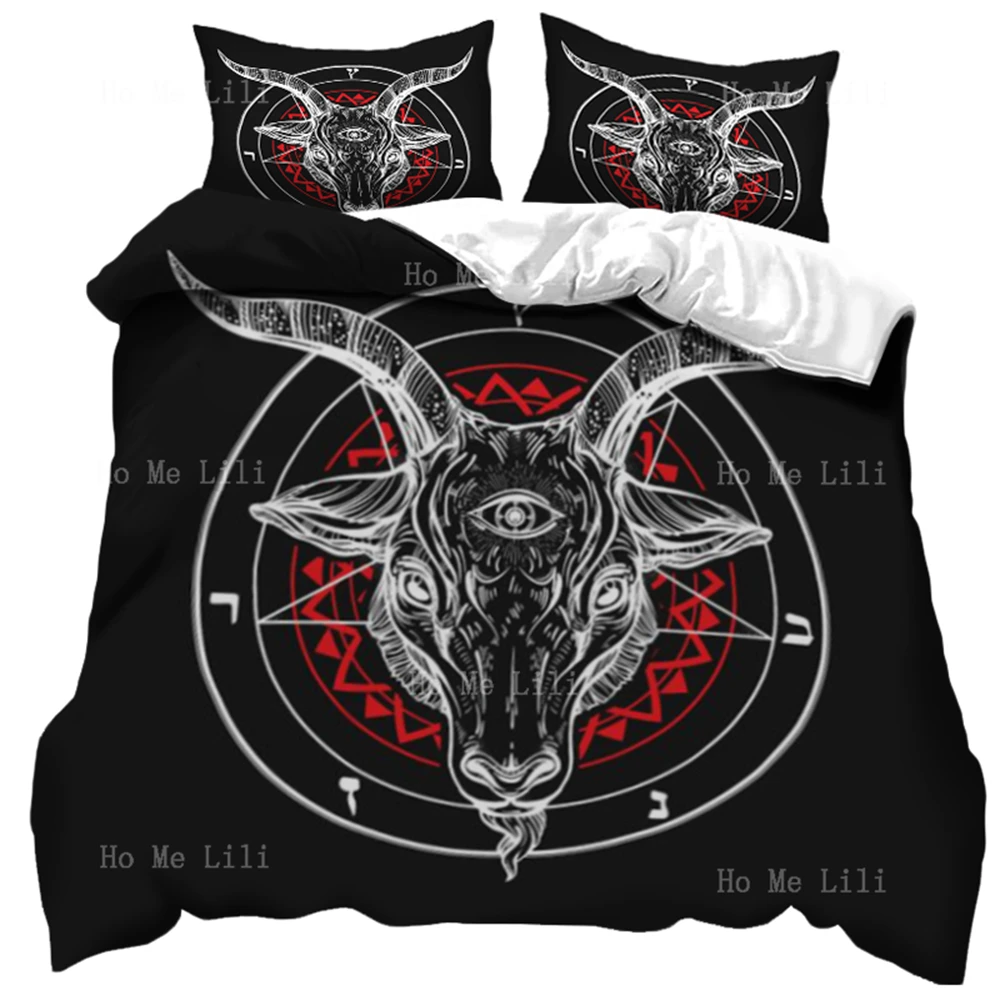 Pentagram Blood Red Rune Spell Circle Satanic Art Evil Goat Head Duvet Three Piece Bedding Set