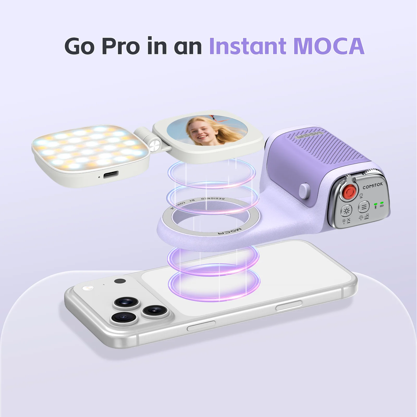 كاميرا COMITOK MOCA iPhone، جهاز تحكم عن بعد قابل لإعادة الشحن، قفل تركيز من الدرجة DSLR، تصميم مريح + ضوء/مرآة ملء اختيارية