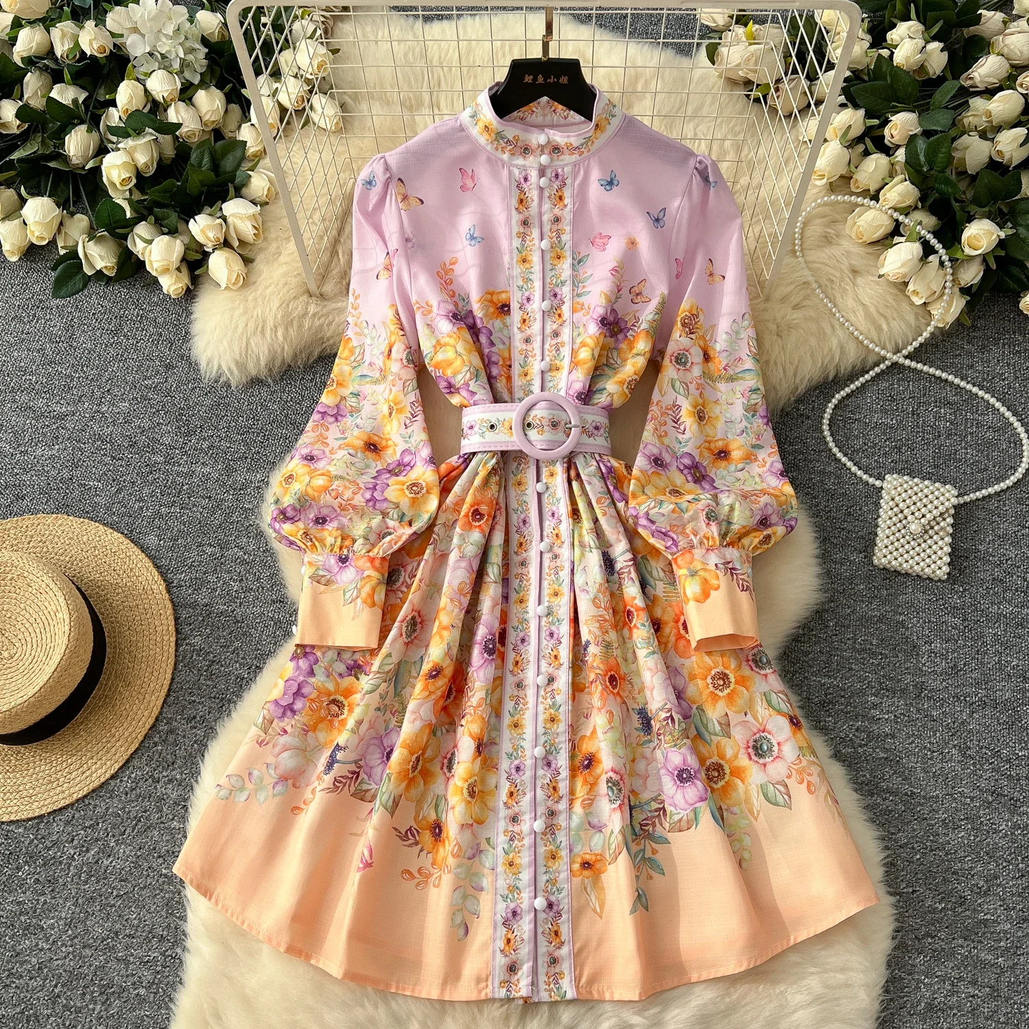 Elegant Lantern Sleeves Vintage Stand Collar Chic Print Fashion Sashes Slim Single Breasted Dresses High Street Autumn Clothing