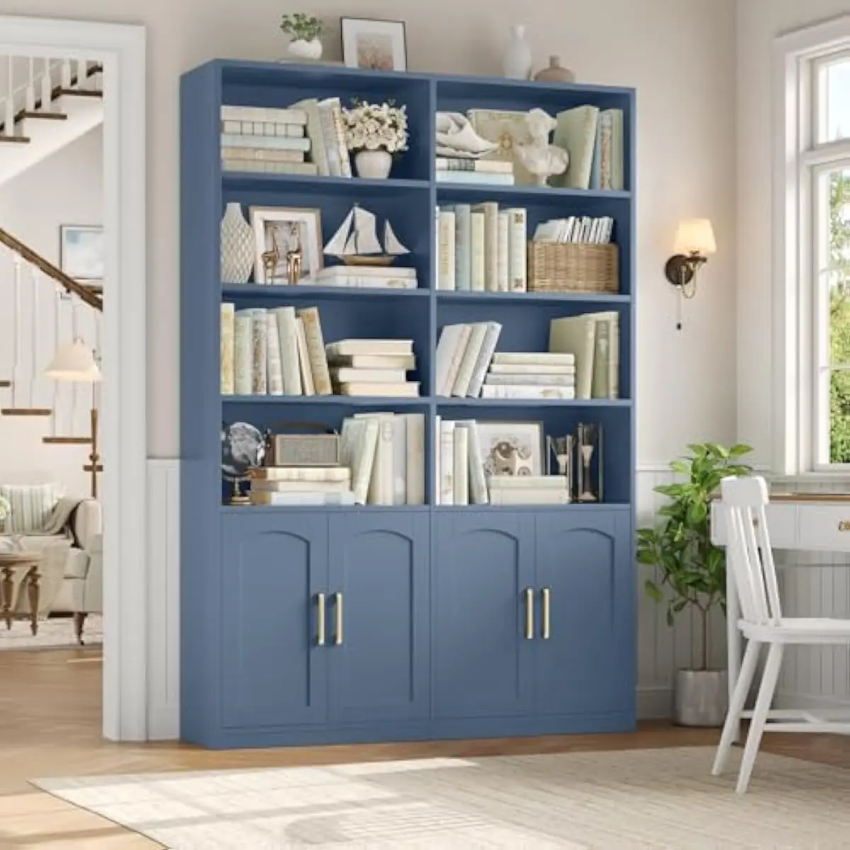 Tall Freestanding Bookshelf with Enclosed Cabinets and Open Shelves | 6-Tier Rectangular Modern Storage Unit for Library Living
