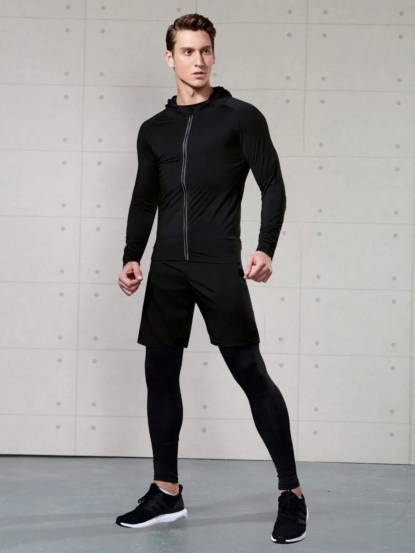 5pcs/Set Men's Compression Fitness Outfit, Sweat-Wicking Long Sleeve Top & Leggings, Breathable Spring/Summer Gym Suit
