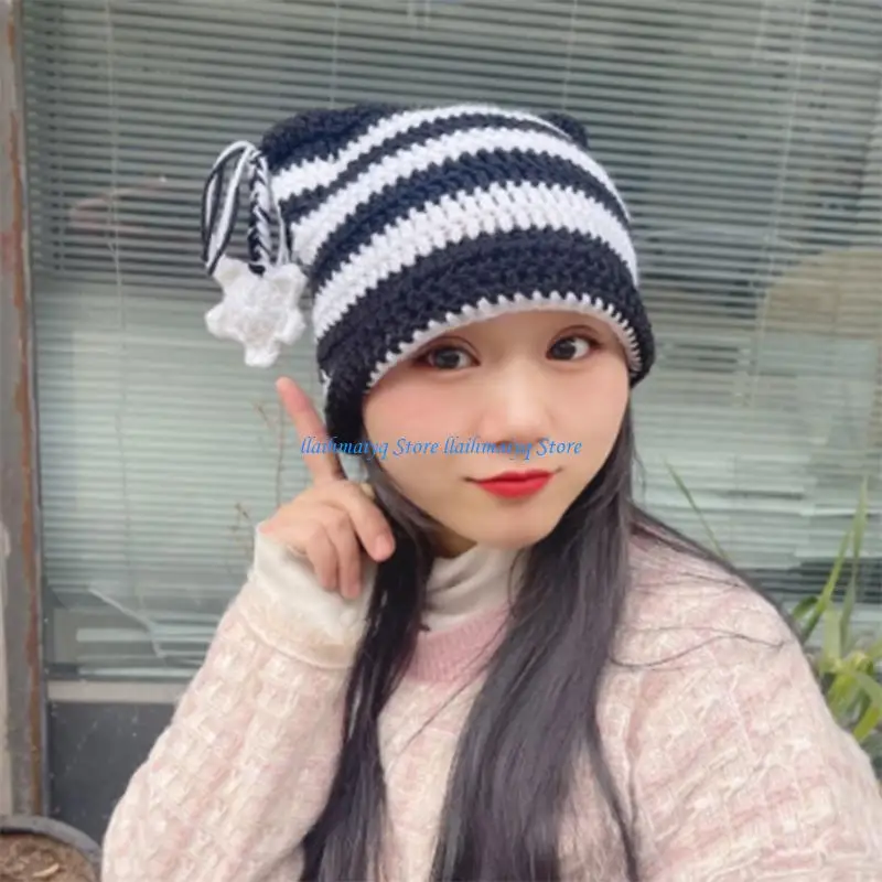 

573B Handmade Women Hat Y2K Girl Beanie Hat Pilling Resistant Punk Lady Autumn Hat Female Beanie Handcrochet Knit Stripe Hat