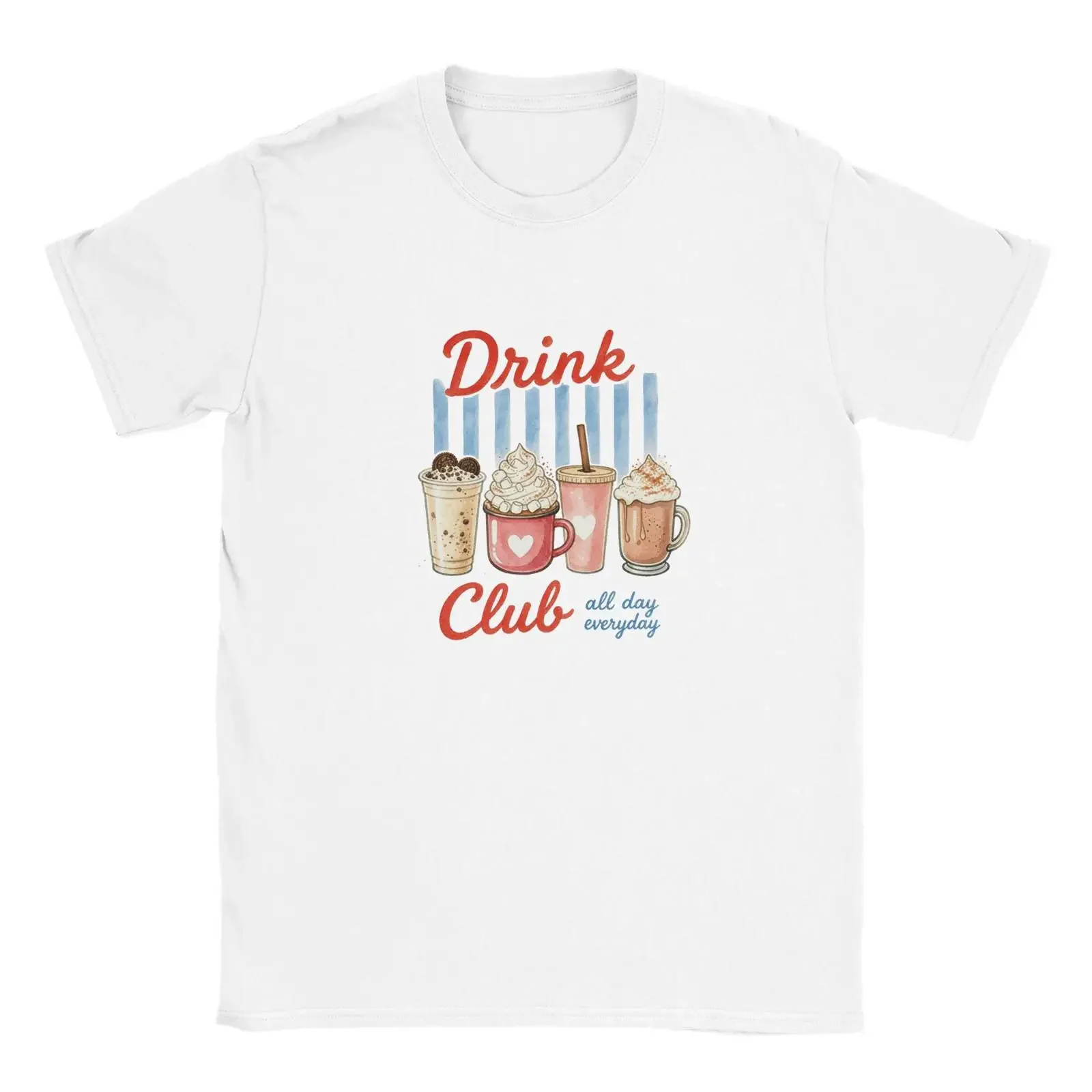 Drink Club All Day Every T shirt Iced Coffee Hot Chocolate Milk Shake Mocha Blue White Striped vintage Washed streetwear