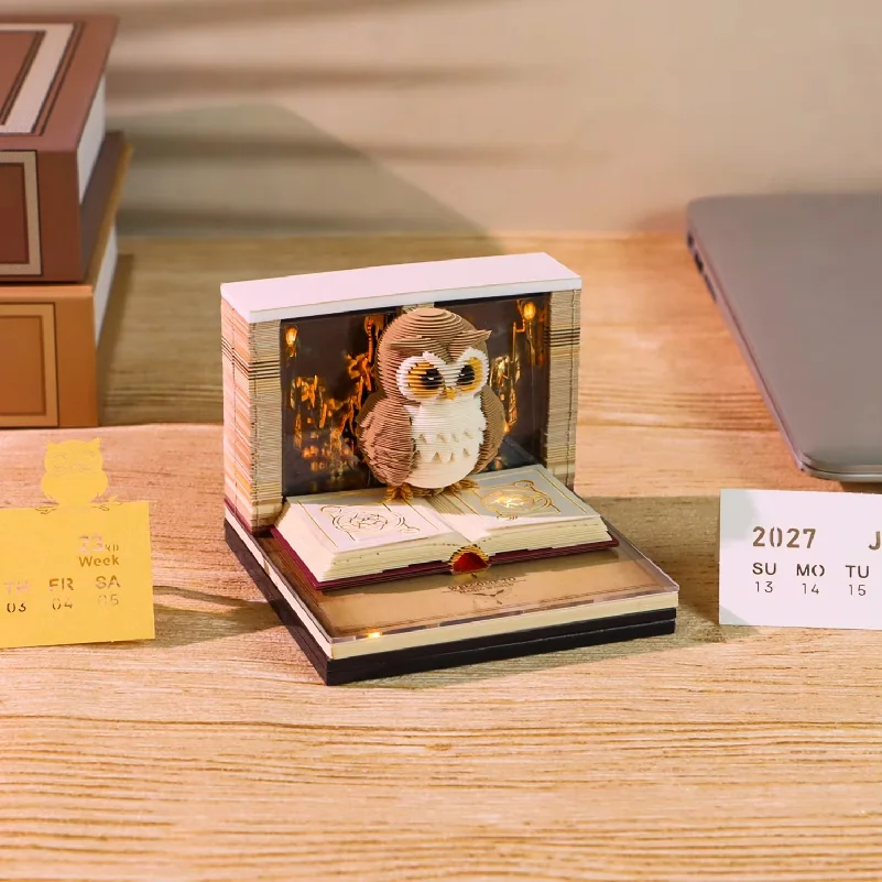 Time Piece Calendar 2027 Desk Calendar With Light 3D Magic Owl Calendar Paper Carving Art Memo Pad Notepad Gift for Christmas