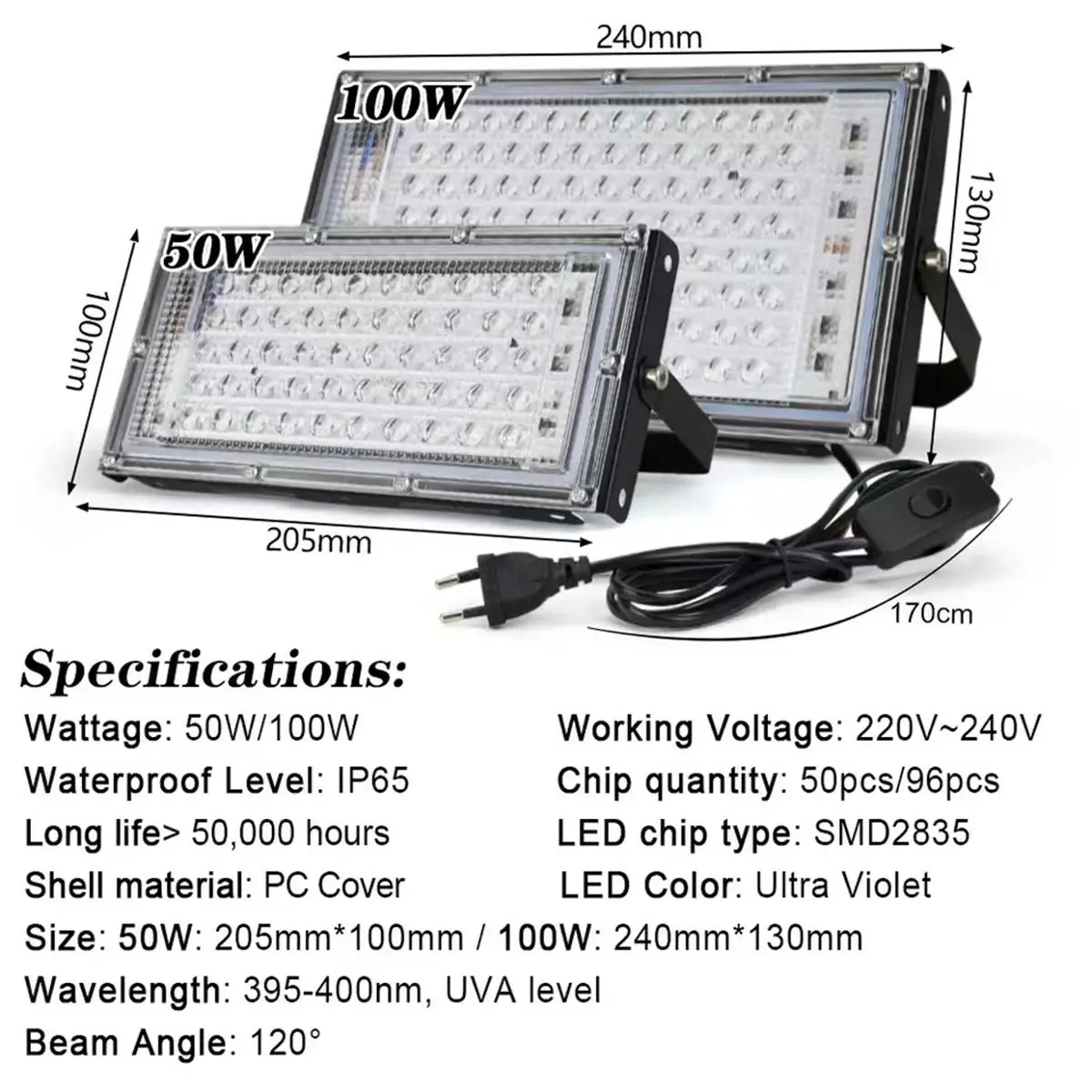 LED UV 플러드라이트 50w 100w 395nm 경화 플러드라이트 자외선 램프 살균등 프로사이트 플러그 240v 전구 자외선 룸