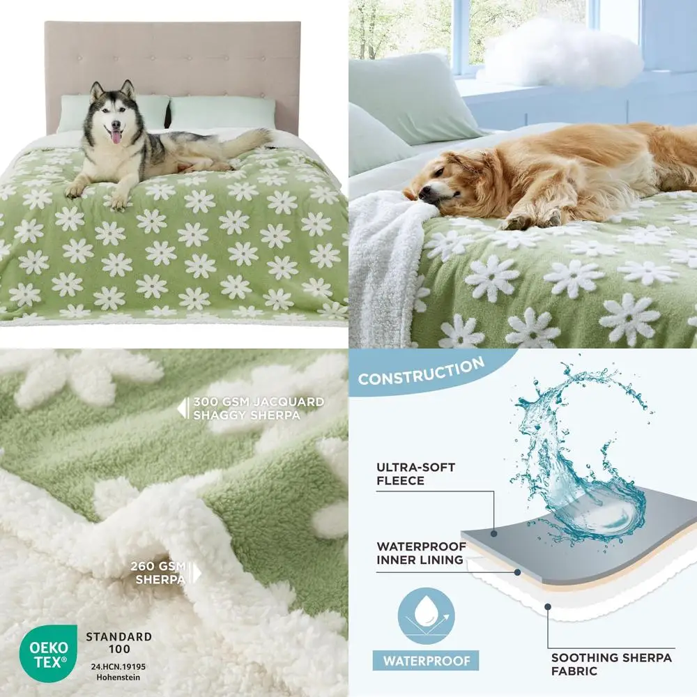 بطانية كبيرة قابلة للغسل للكلاب - على الوجهين مع جاكار دافئ وصوف شيربا، غطاء سرير للحيوانات الأليفة، تصميم زهور ثلاثي الأبعاد، أخضر