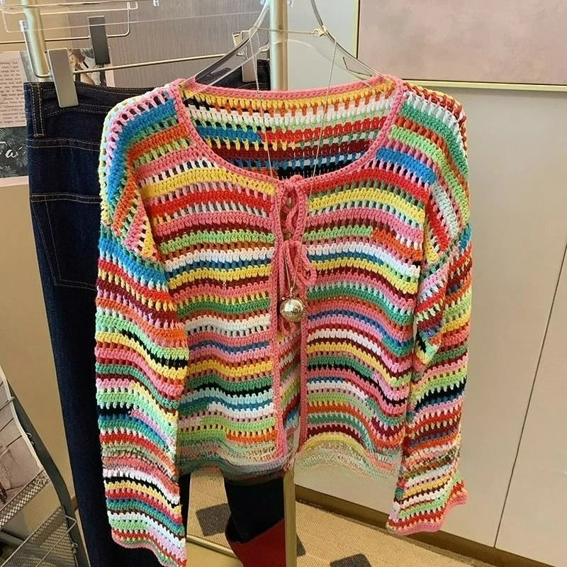 

Rainbow Striped Hollow Out Knitted Cardigan Women's Spring Early Autumn 2025 New Korean Dopamine Style Long-sleeved Top