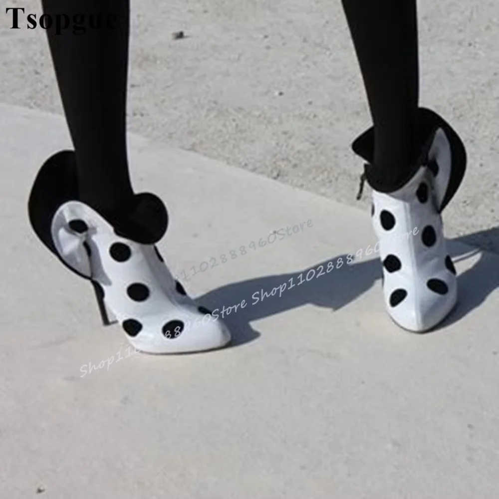 

White And Black Dot Ruffles Ankle Boots Thin High Heel Shoes For Women Side Zipper Pointed Toe Casual Occidental Style Boots