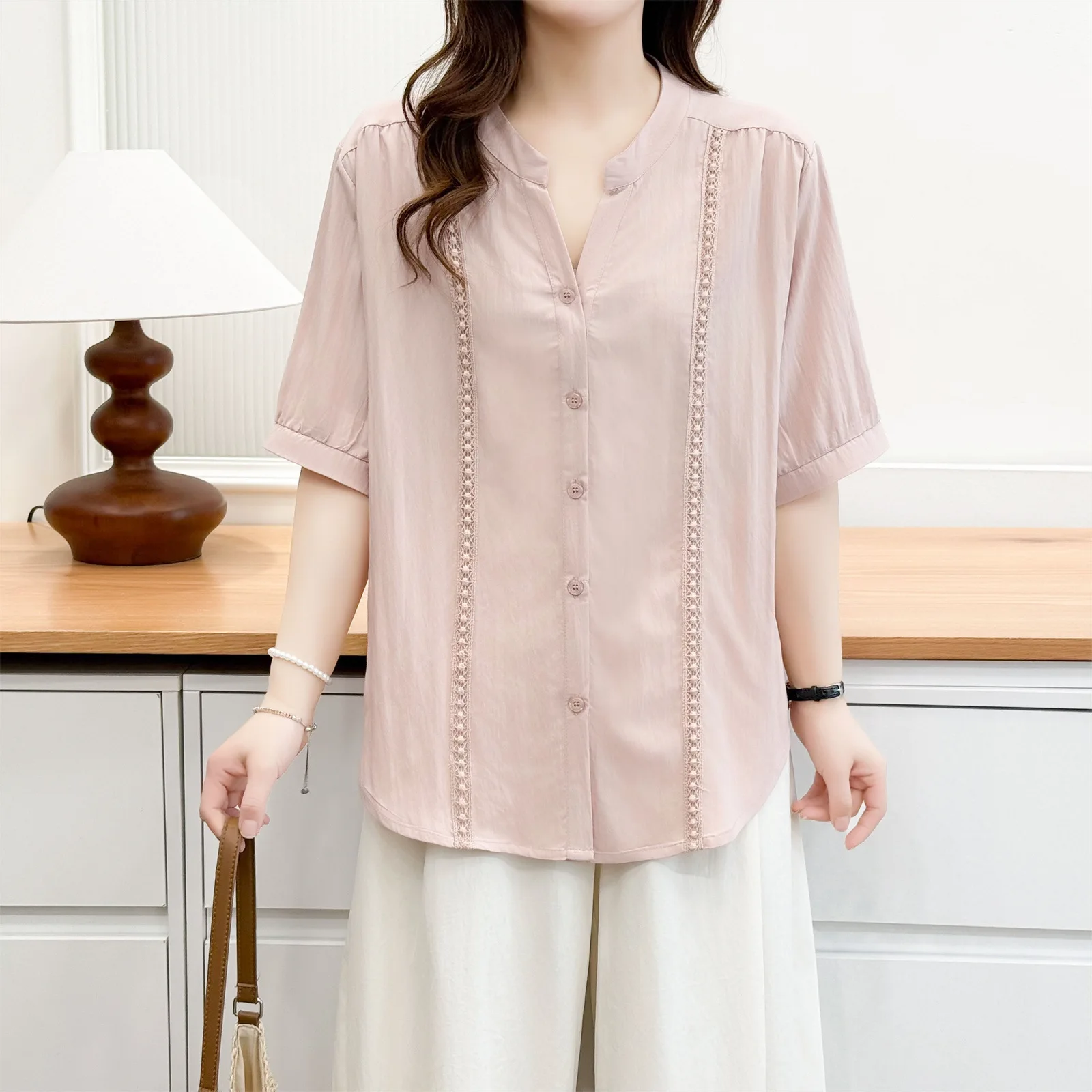 2026 Summer Plus Size V Neck Lace Splicing Open Blouse Short Sleeve Casual Daily Shirt Curvy Ladies 2626 view 4