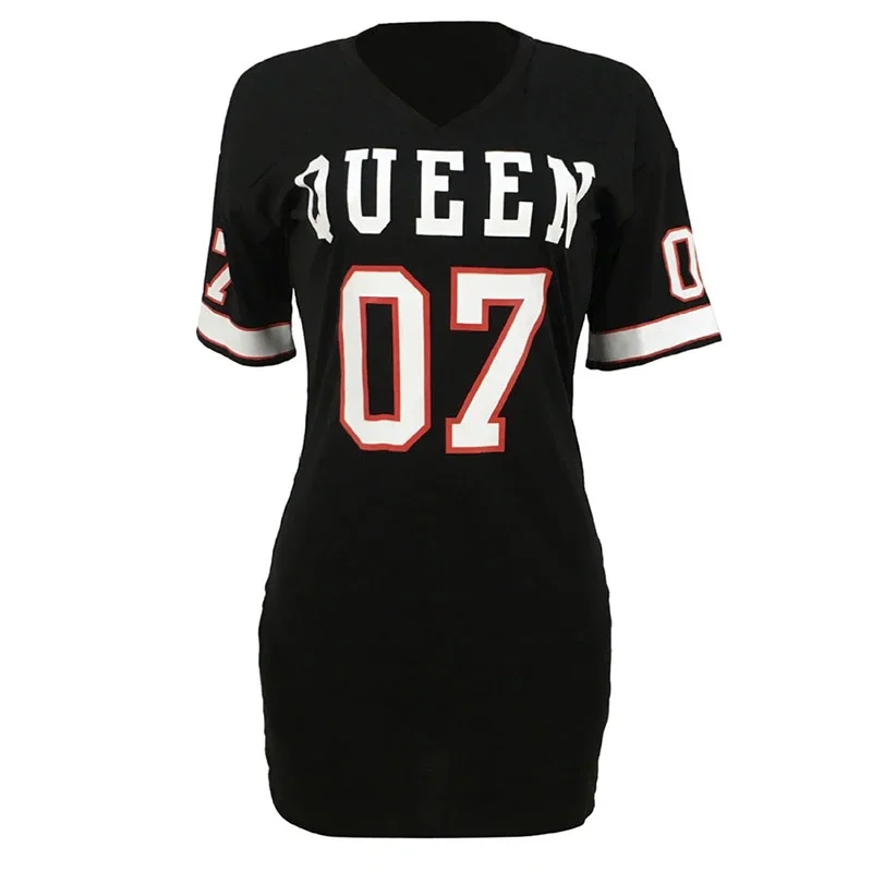 T เสื้อฤดูร้อนคลับชุดสีดําผู้หญิงสั้น V คอชุดชายหาดเซ็กซี่ Streetwear พิมพ์หลวม Hip Hop ชุดมินิ Robe Vestidos