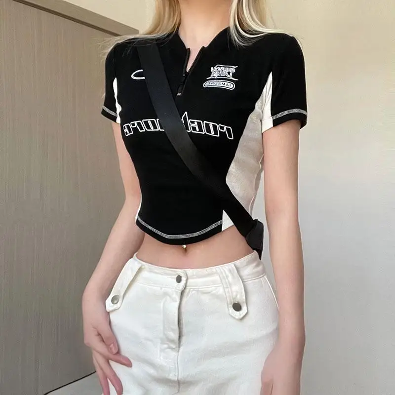 Tops T-shirt Women's Summer Zip-up Half-open Collar Printed Retro Two-tone High-waisted Cropped New Comfortable Casual Versatile