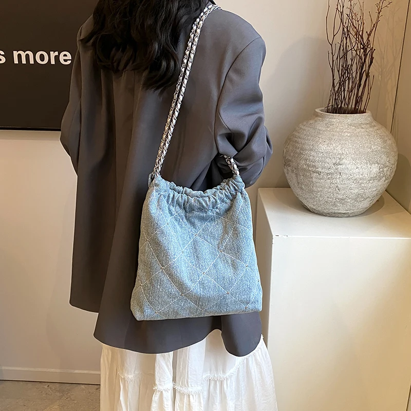 Retro Denim Sense of Luxury Square Shoulder Bags Rivet Chains Diamond Lattice Tote Bags for Women 2024 Fashion Versatile on Sale