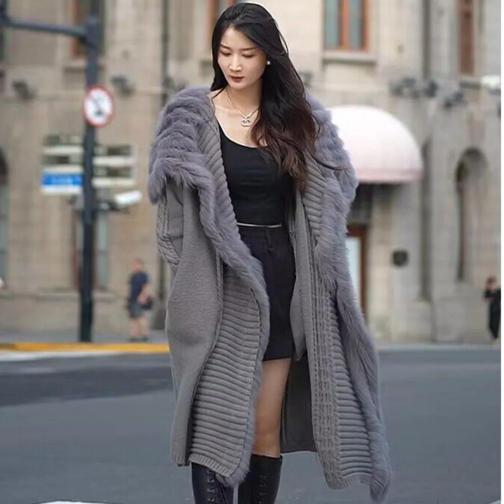 2024 New Real fur,Fall/Winter Fluffy 100% Real Fox Fur Sewing Long Knitwear Jacket For Women Oversize Loose-fit Turn Down Collar