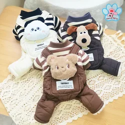Autumn and Winter Striped Large Pocket Overalls Double-layer Winter Set Dog Jumpsuit Dog Four Legged Pants Pajamas Puppy Clothes