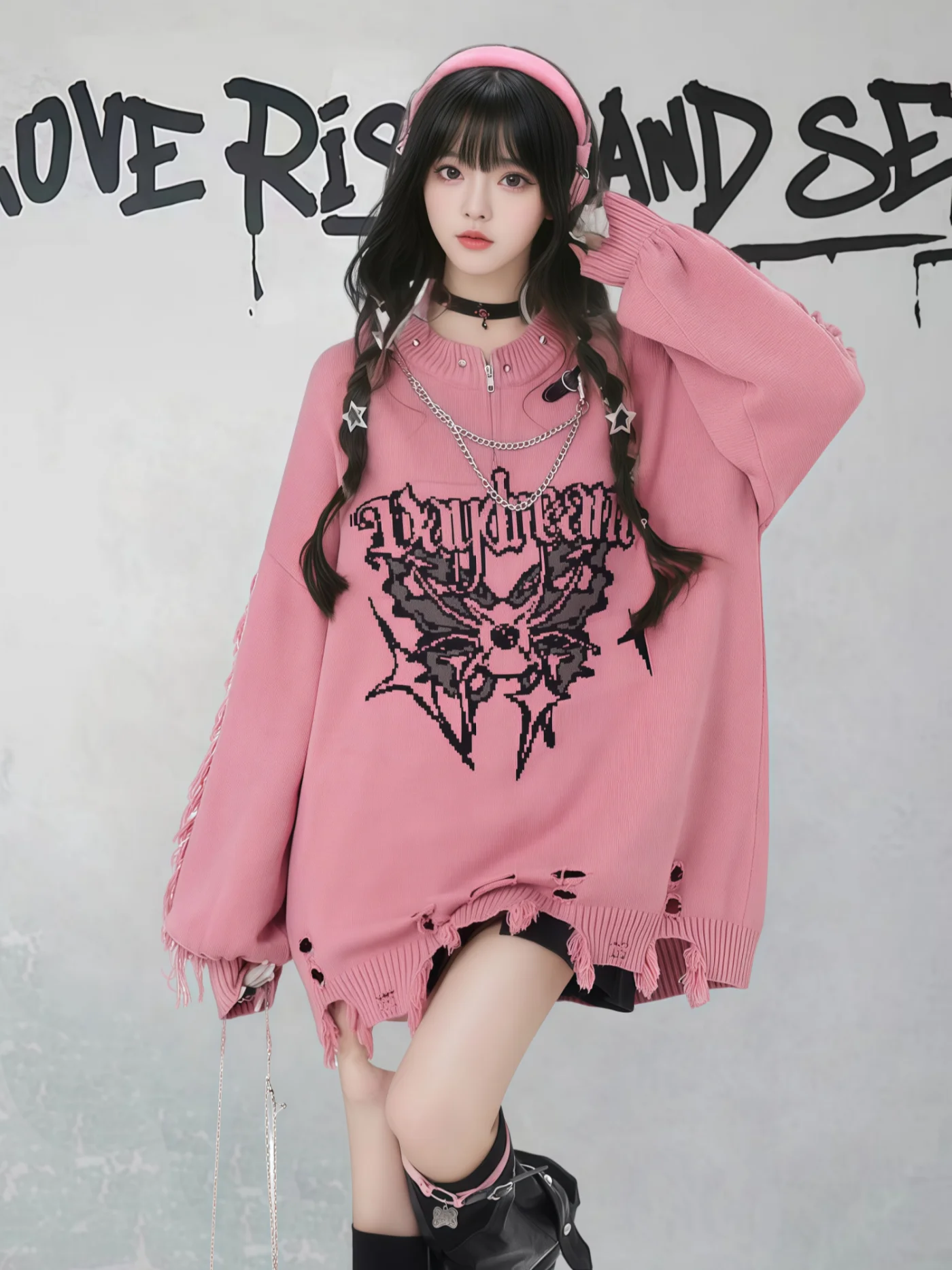 

Женский свитер оверсайз Street Sle, осенне-зимний, розовый, большого размера, свободный, вязаный, в стиле «спайси», топ-пальто