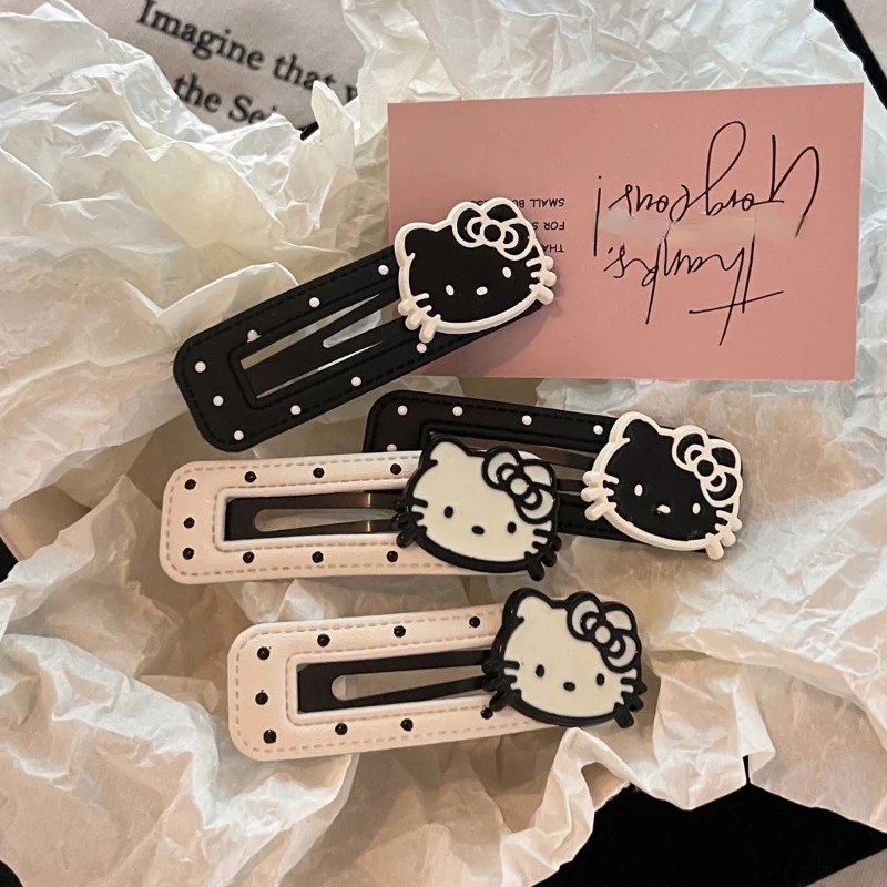 Hello Kitty anime peripheral cartoon kawaii cute leather hairpin black and white polka dot  side bangs headdress broken hairpin